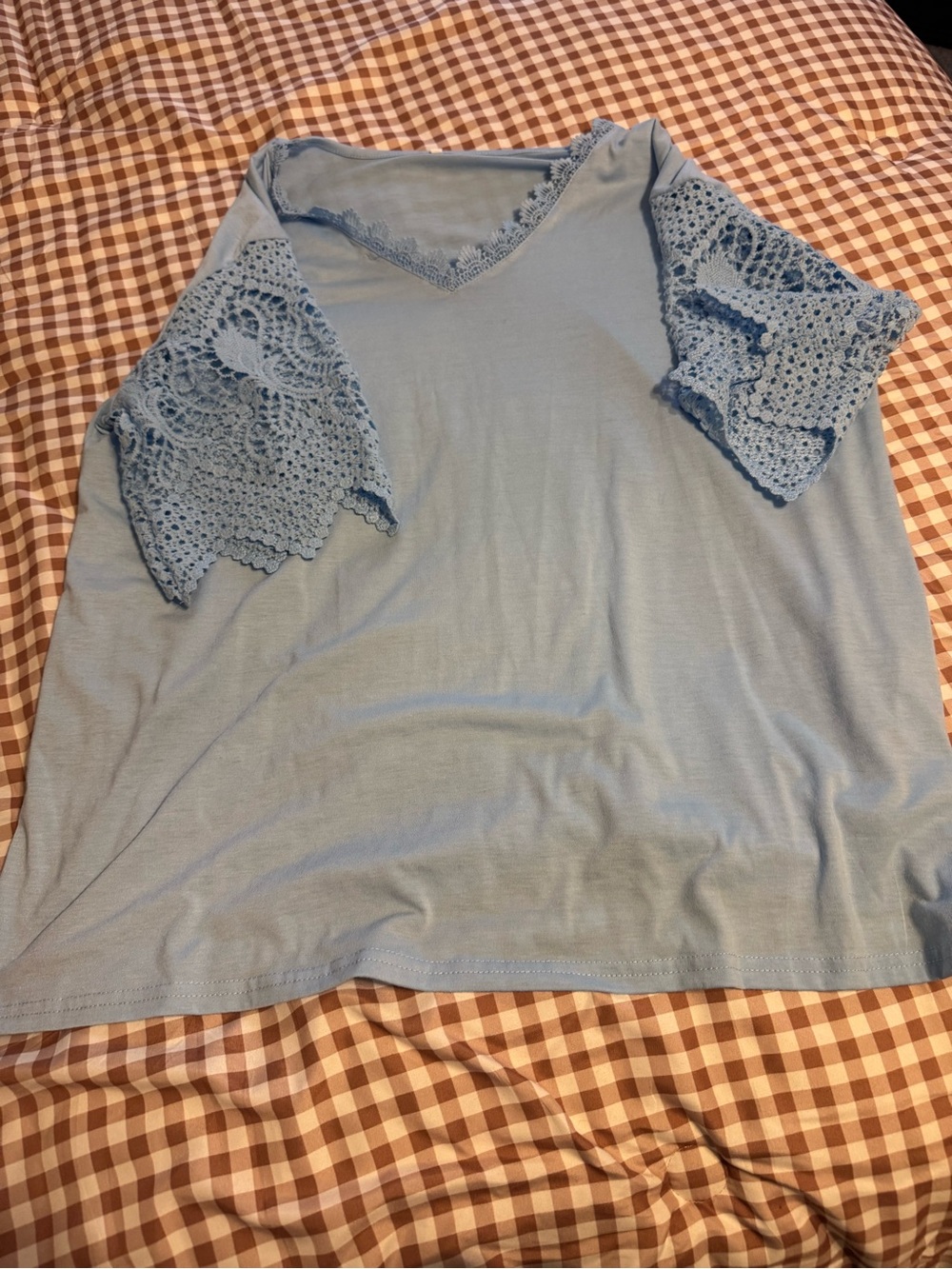SHEIN Light Blue Lace Sleeve V-Neck Top